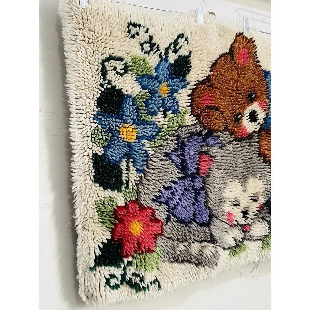 Vintage Latch Hook Rug Wall Hanging Bears Heart Completed Finished #4381 Baby Mo